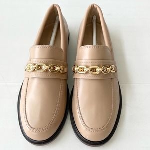 SCHUTZ Nude Leather Loafers with Gold Chain Accent